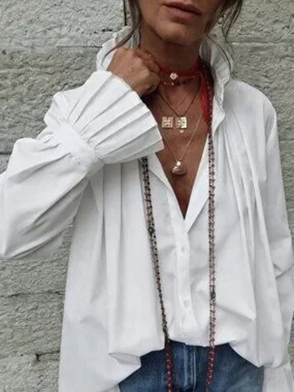 White Casual Women's Stand Collar Flared Ruffle Button Loose Pleated Shirt Top - Picture 2 of 6